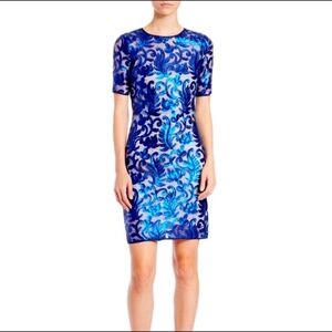 Belle Badgley Mischka | Dress Gloria Blue Sequin Short Sleeve Knee Length – 6